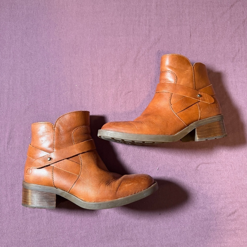 Born Tori Ankle Boots in Warm Brown Leather - Woman's Size 6 Ankle Strap Detail